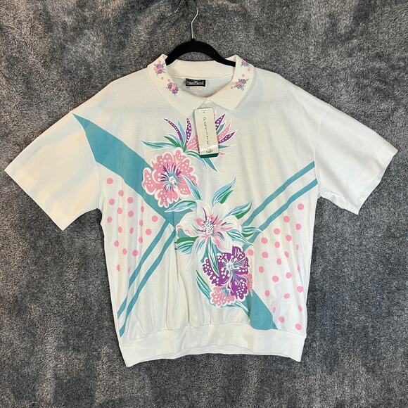 Cabin Creek Tops - Vintage Cabin Creek Shirt Womens Petite 14P White Floral Graphic Banded Hem 90s